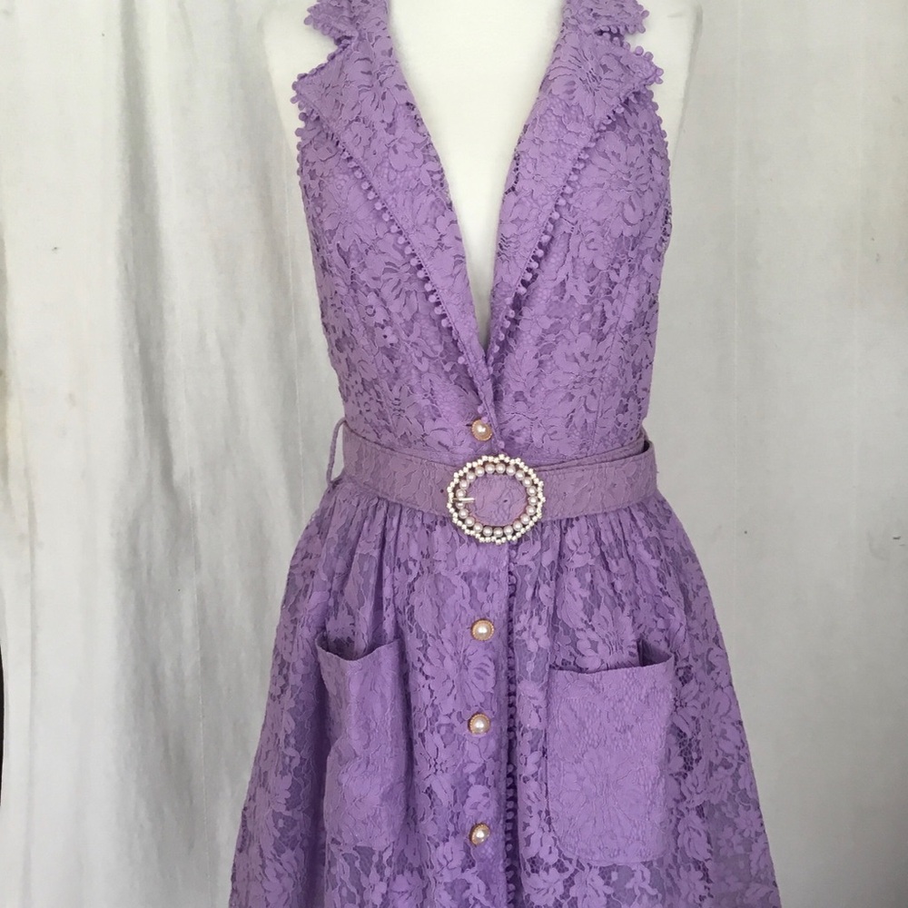 Lilac Lace Sleeveless V-Neck A-Line Dress with Pearl Belt